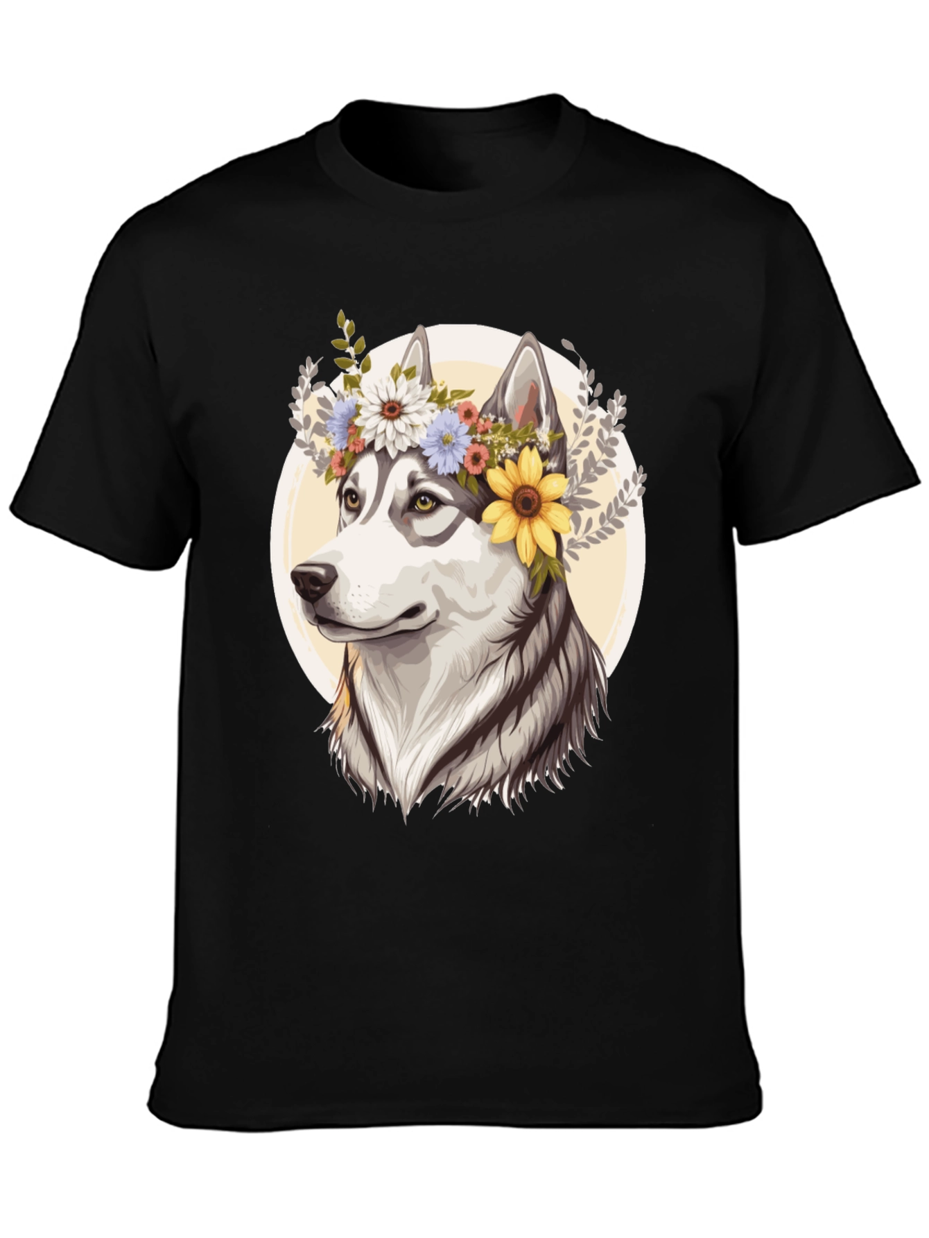 Floral Husky Graphic Tee - Black Unisex T-Shirt