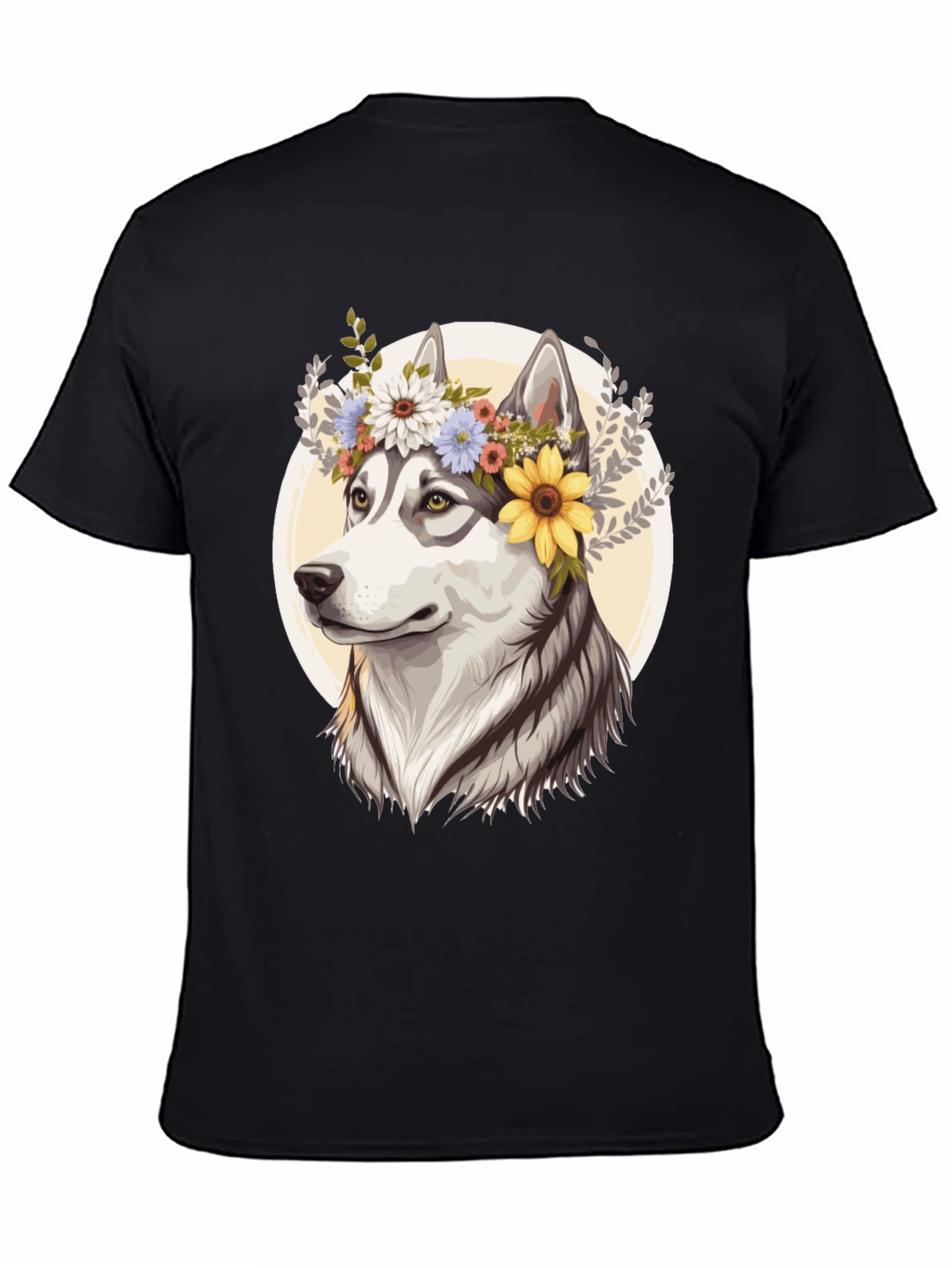 Floral Husky Graphic Tee - Black Unisex T-Shirt