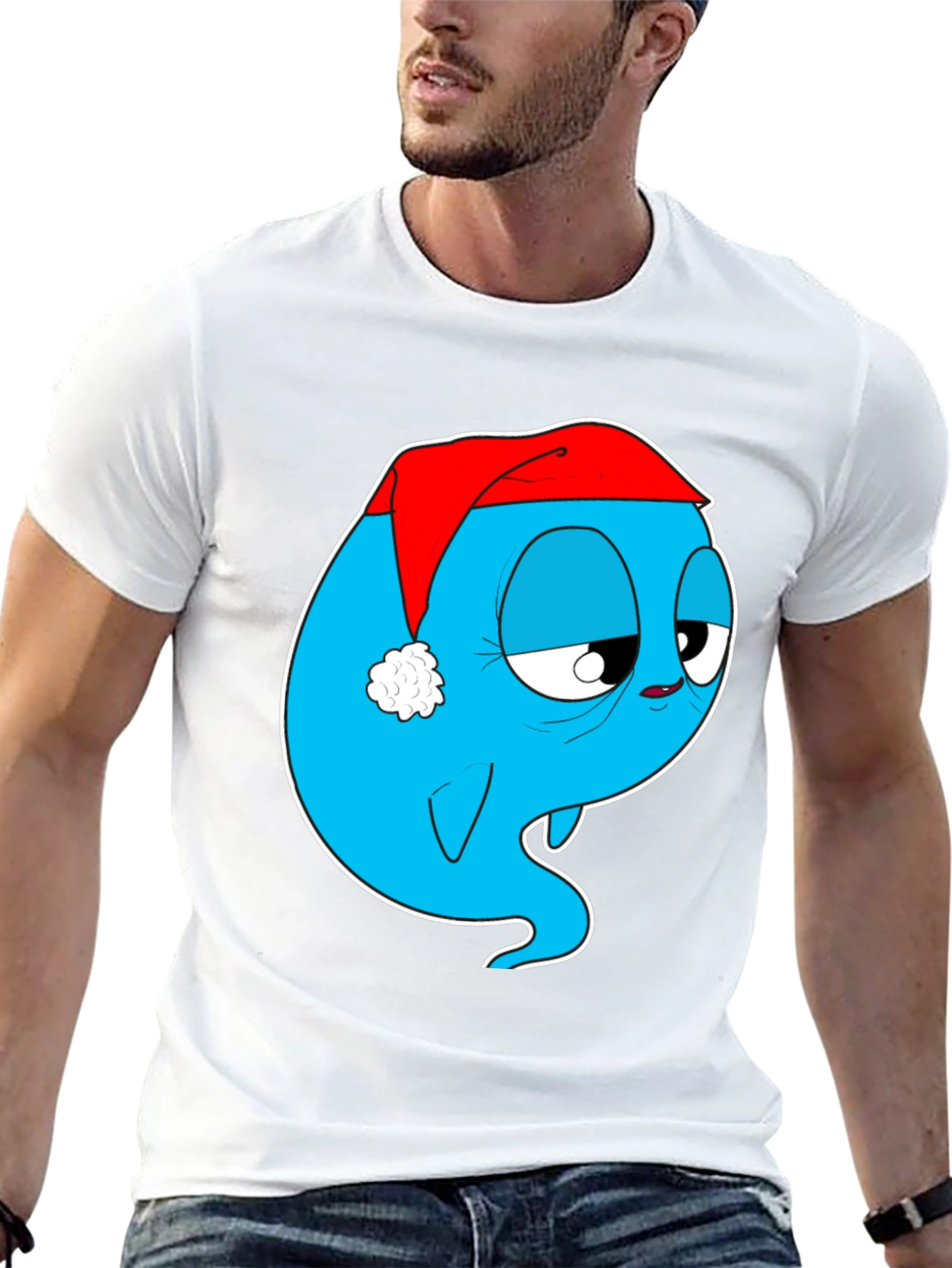 Cartoon Ghost in Santa Hat Graphic Tee