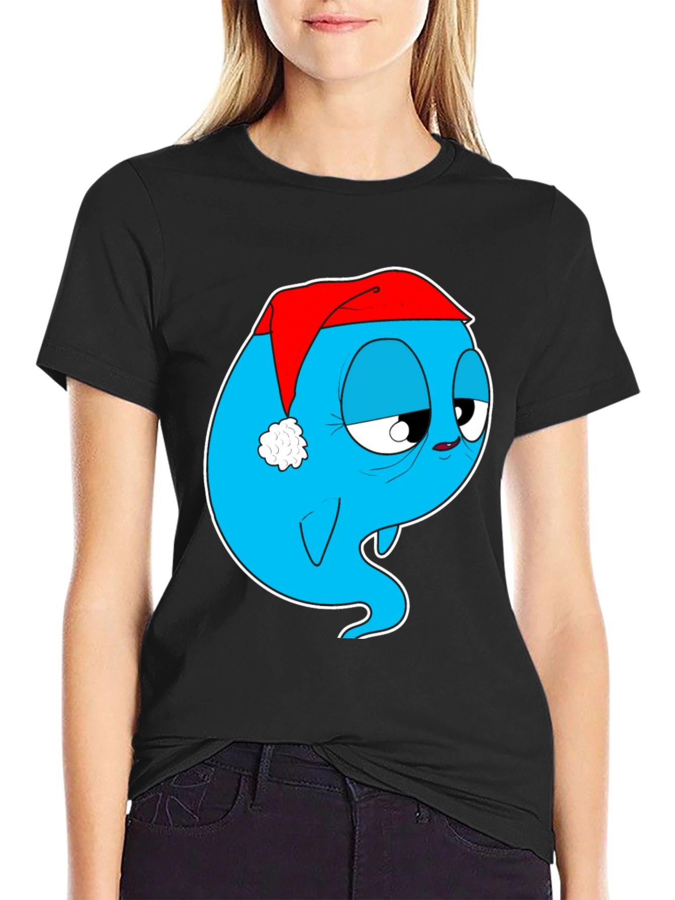 Cartoon Ghost in Santa Hat Graphic Tee