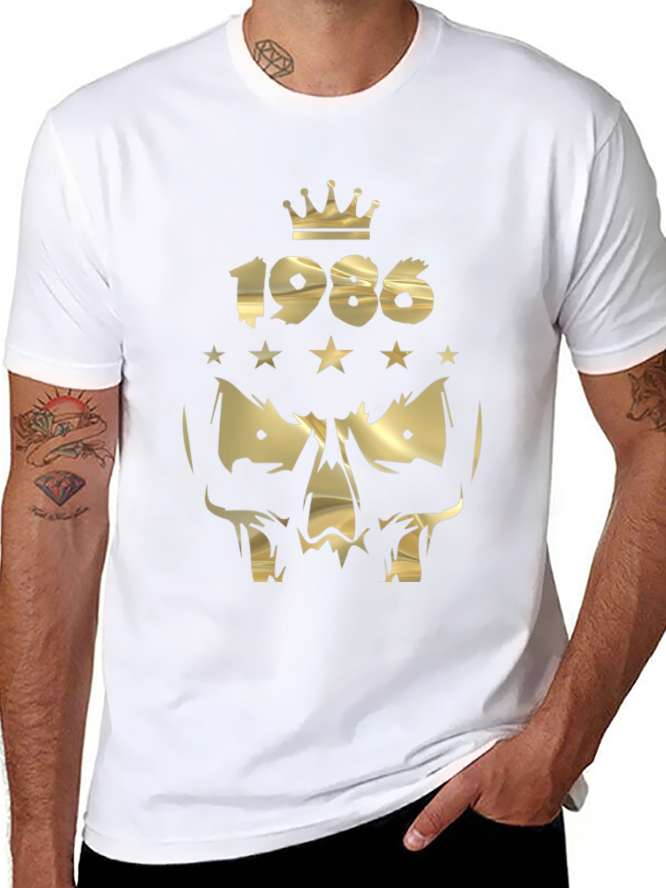 Gold 1986 Crown Skull Graphic Black T-Shirt
