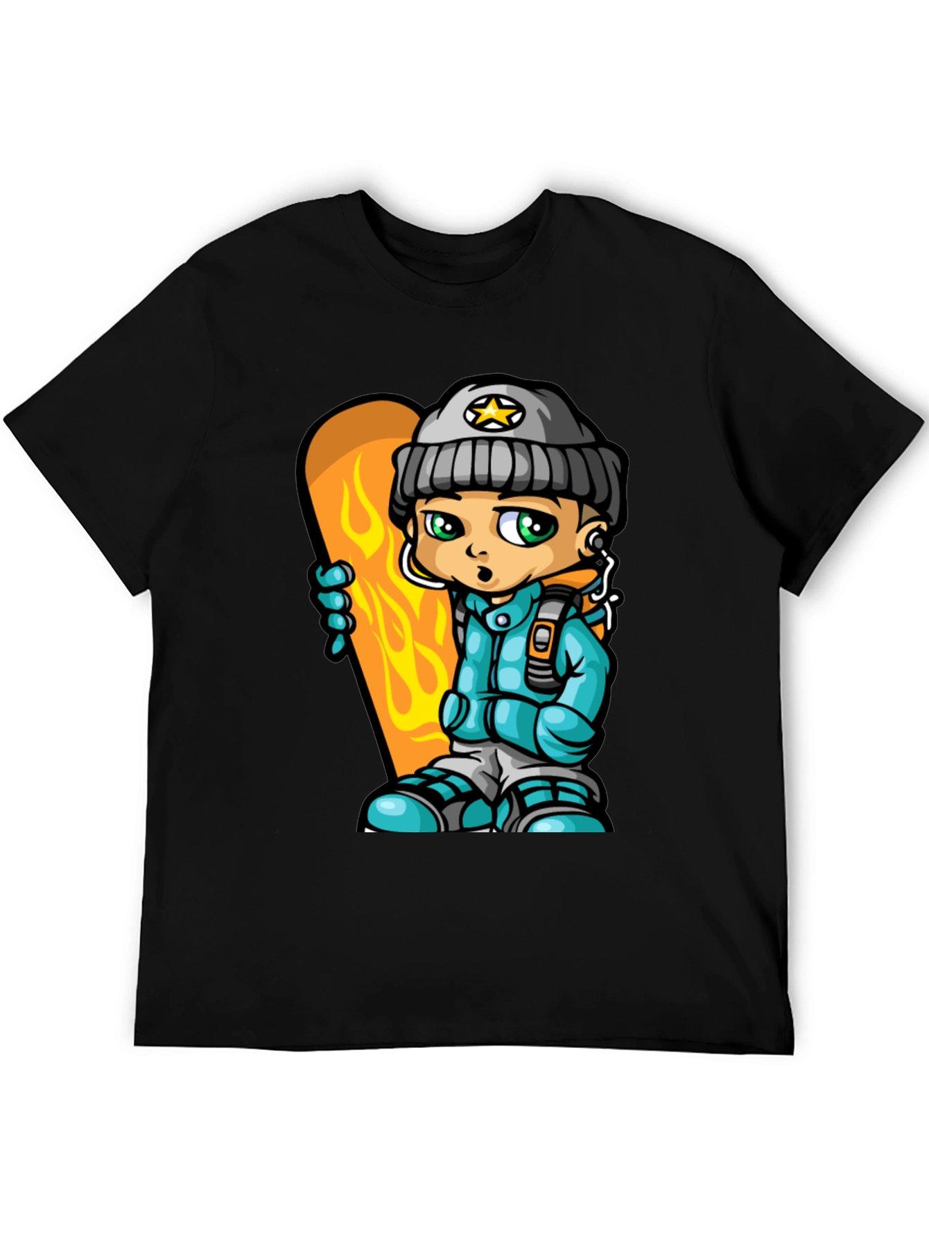 Cartoon Snowboarder Graphic Tee - Black Cotton Blend
