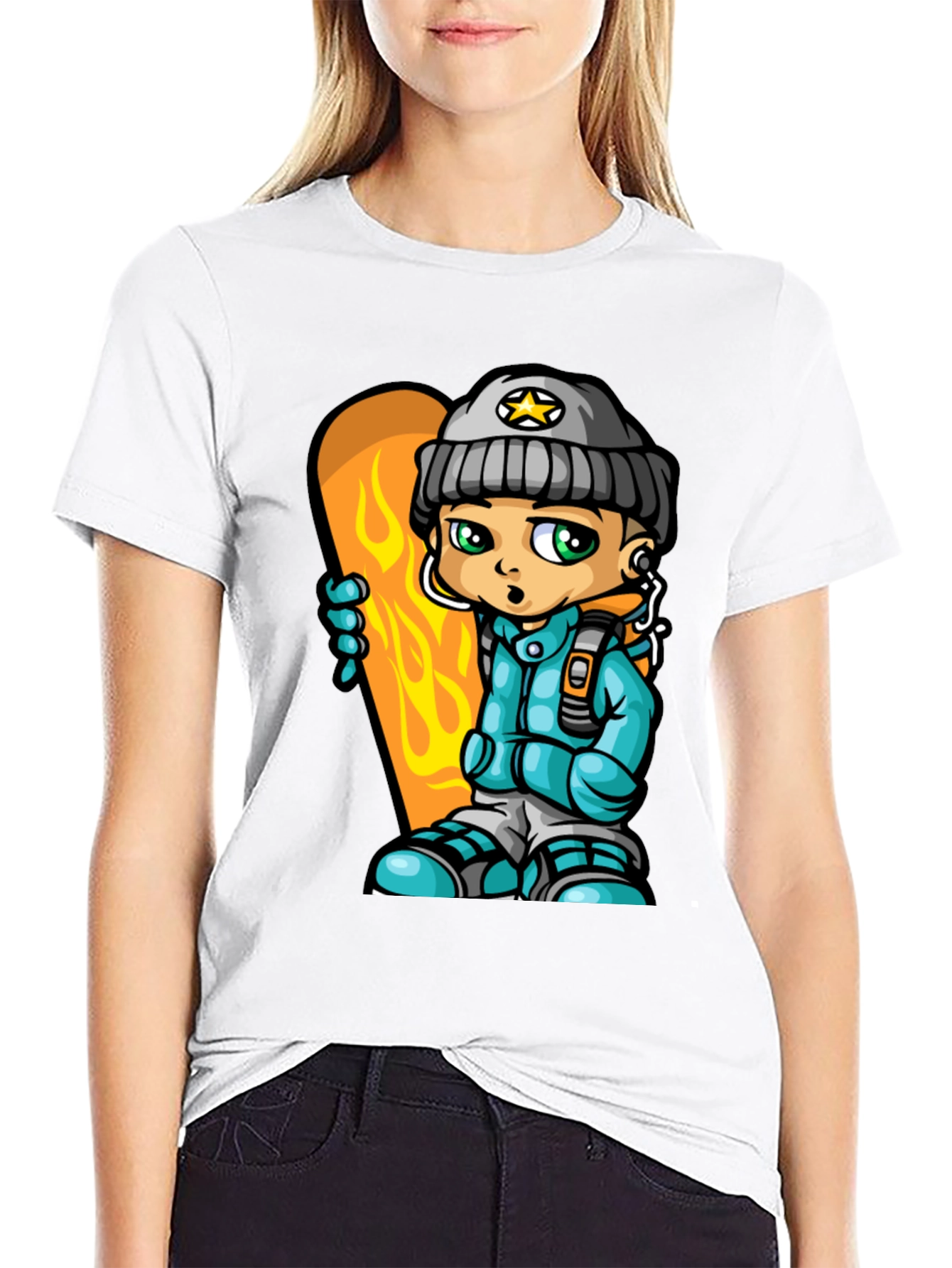 Cartoon Snowboarder Graphic Tee - Black Cotton Blend