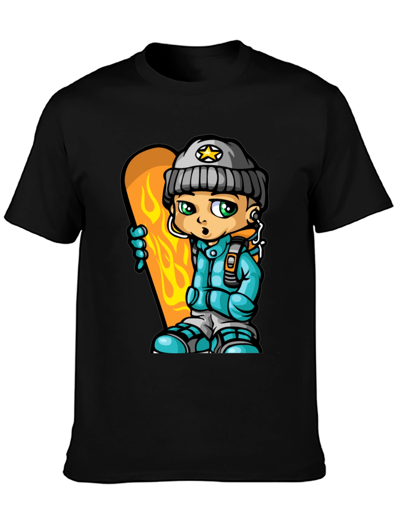 Cartoon Snowboarder Graphic Tee - Black Cotton Blend
