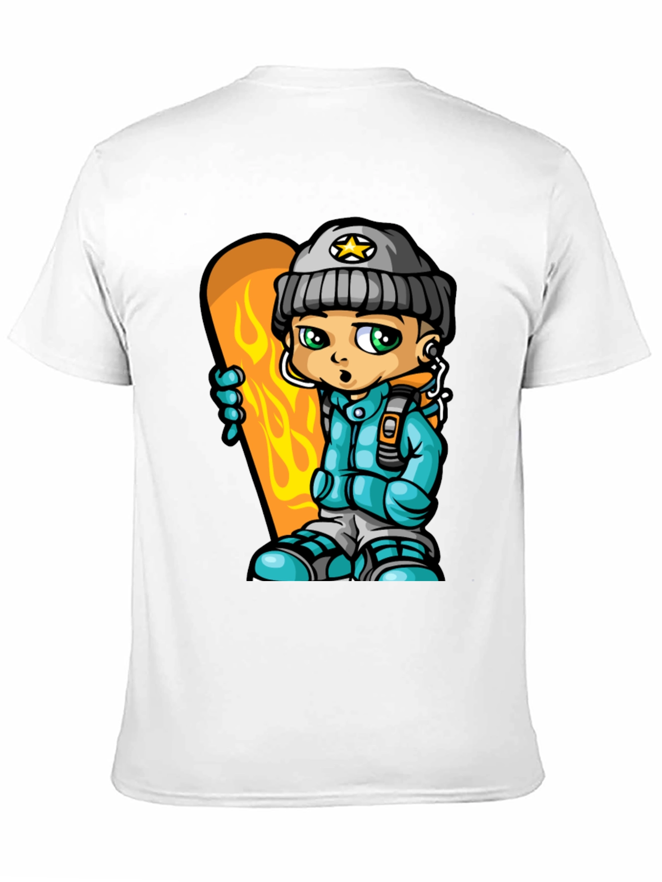 Cartoon Snowboarder Graphic Tee - Black Cotton Blend