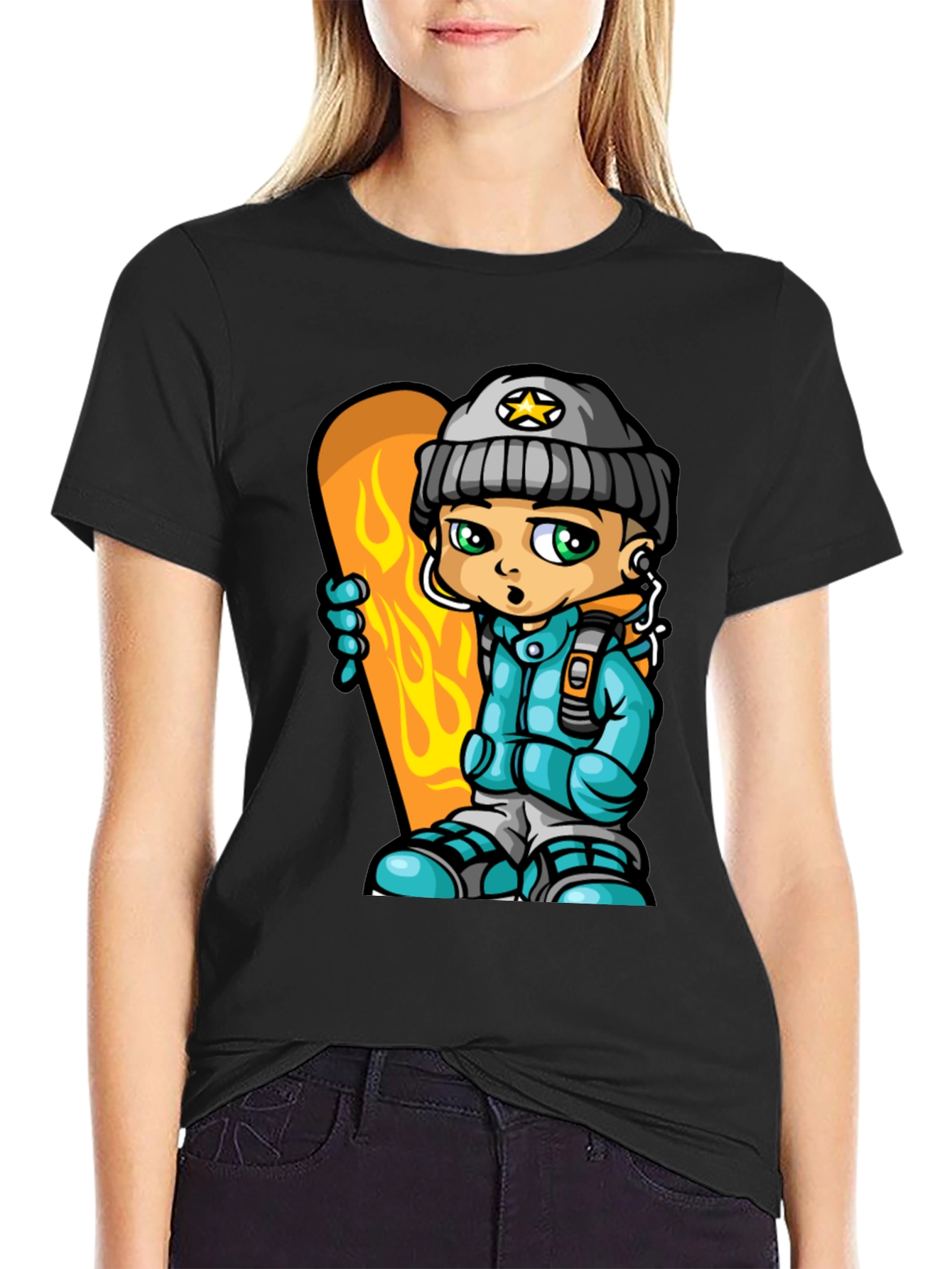 Cartoon Snowboarder Graphic Tee - Black Cotton Blend