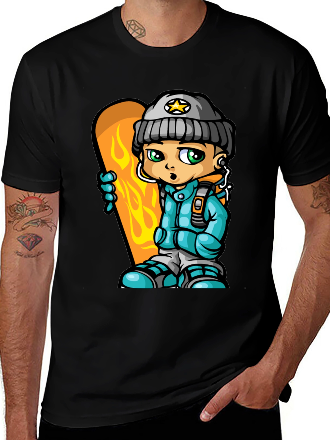 Cartoon Snowboarder Graphic Tee - Black Cotton Blend