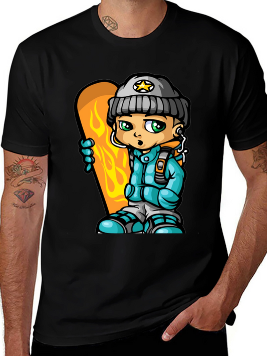 Cartoon Snowboarder Graphic Tee - Black Cotton Blend