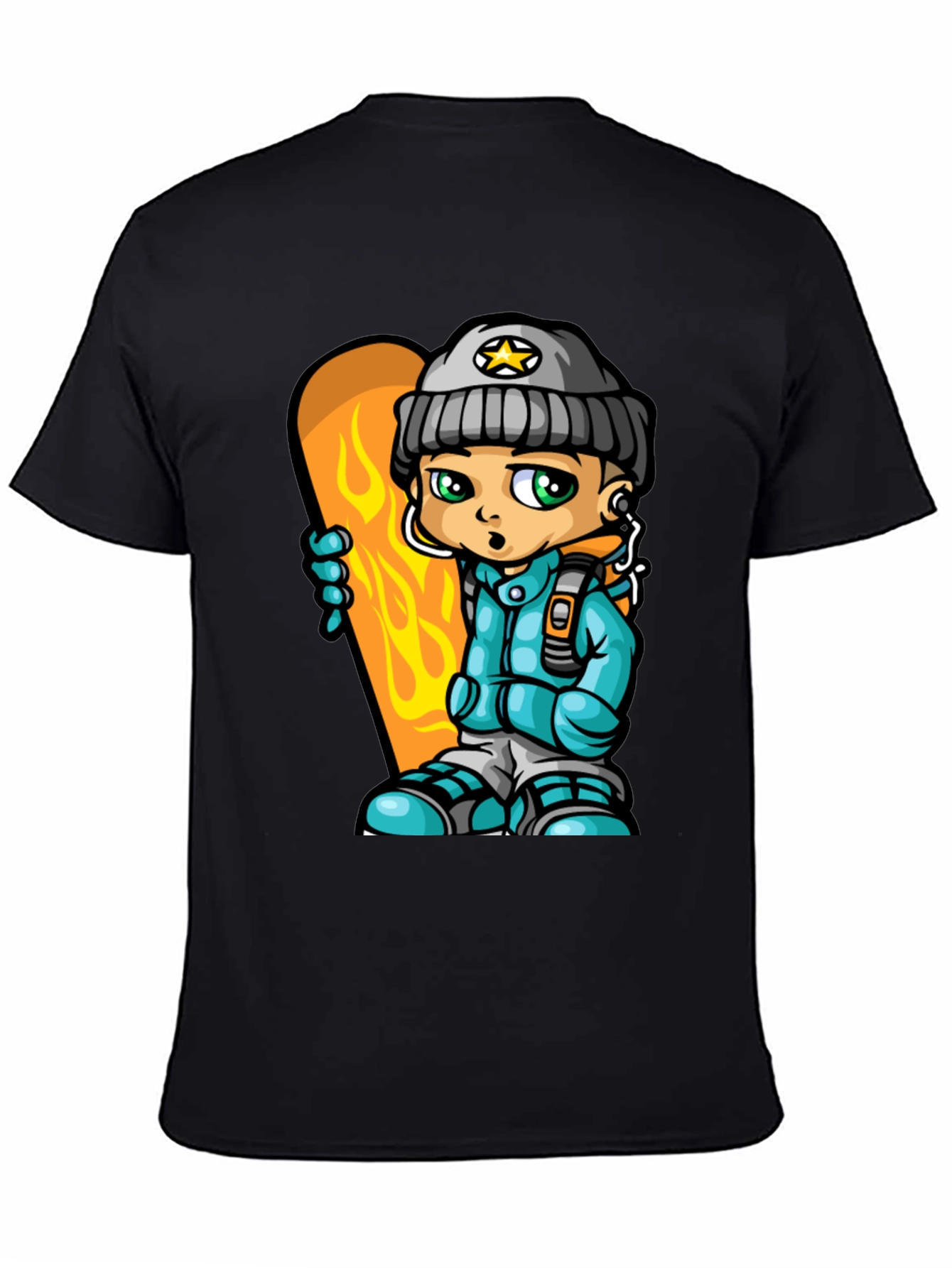 Cartoon Snowboarder Graphic Tee - Black Cotton Blend