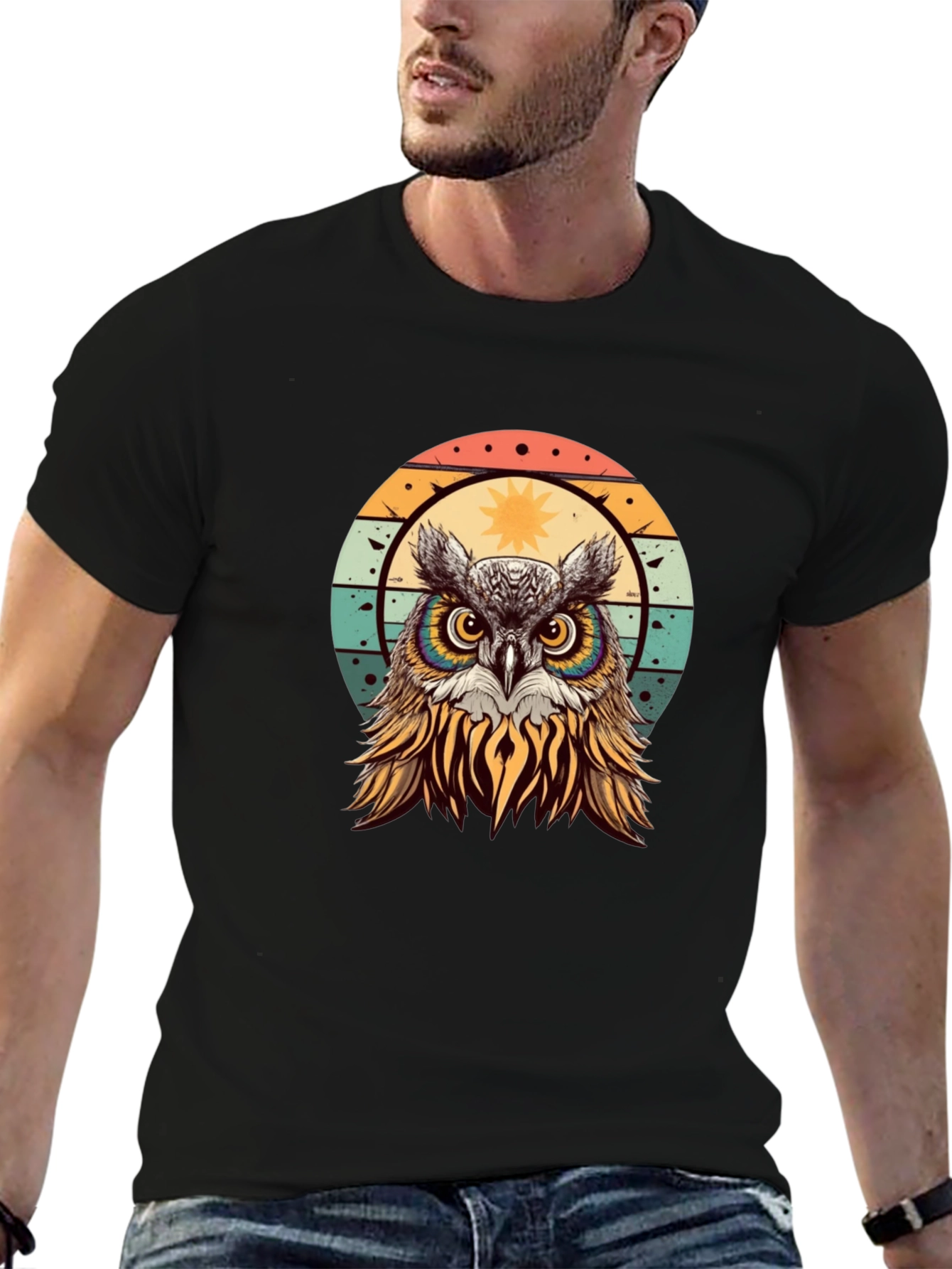 Retro Owl Graphic T-Shirt - Black