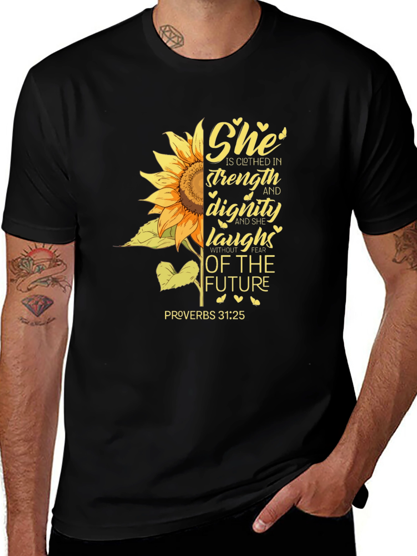 Sunflower Proverbs 31:25 Christian Black T-Shirt