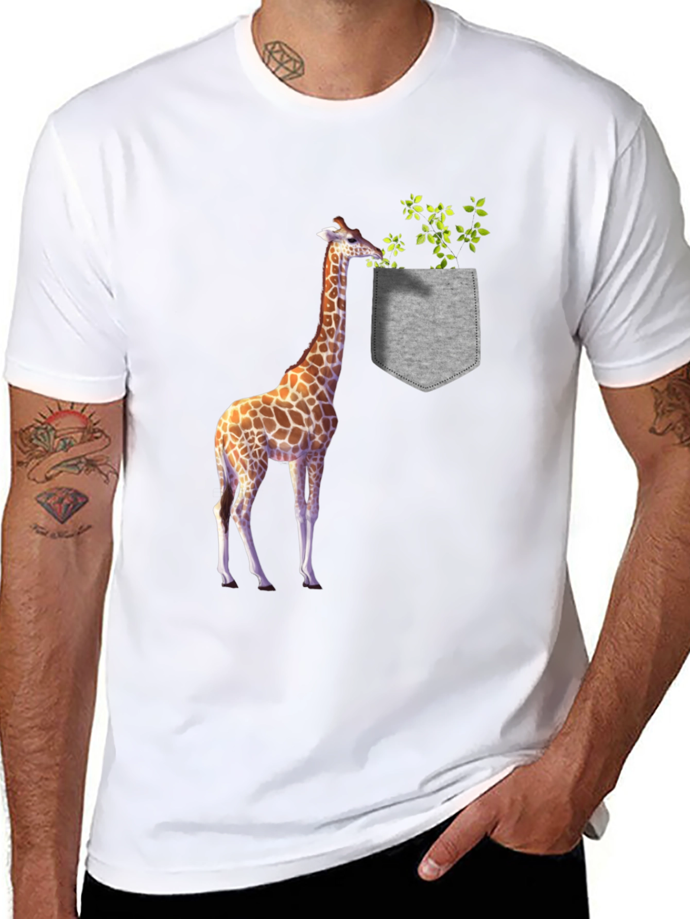 Giraffe Pocket Graphic Tee - Novelty Mens T-Shirt