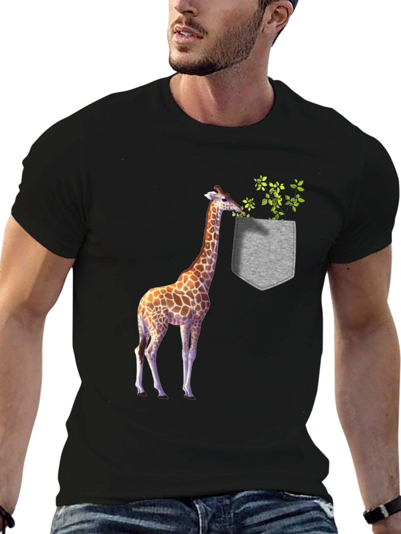 Giraffe Pocket Graphic Tee - Novelty Mens T-Shirt