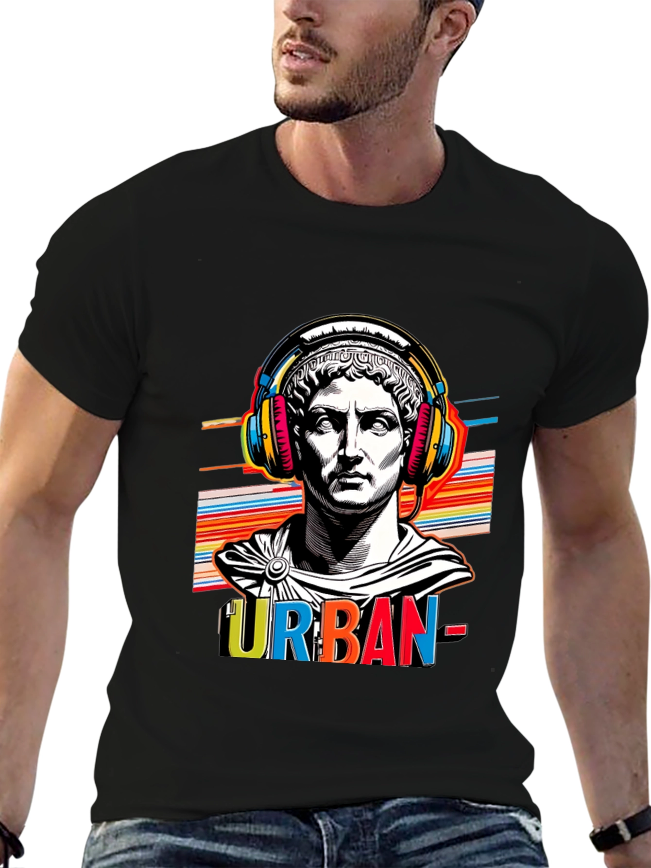 Urban Statue Tee - Bold Graphic Print Black T-Shirt