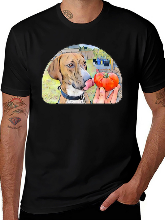 Dog Licking Tomato Graphic T-Shirt