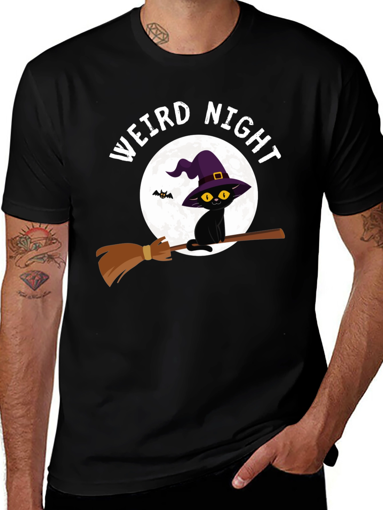 Weird Night Cat on Broom T-Shirt