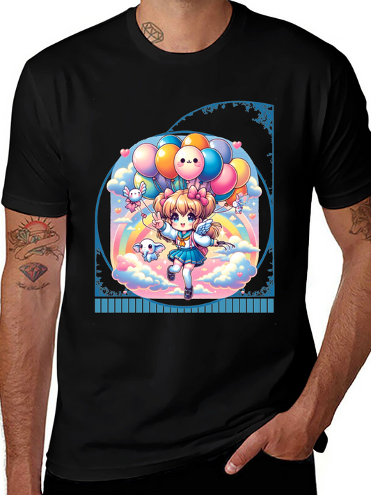 Kawaii Anime Girl with Balloons Black T-Shirt