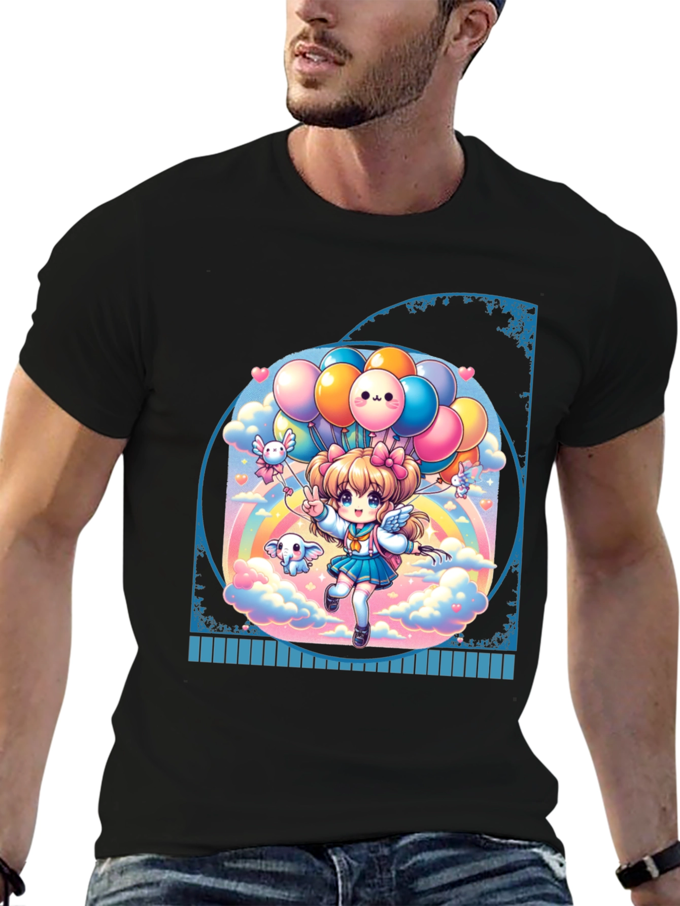 Kawaii Anime Girl with Balloons Black T-Shirt