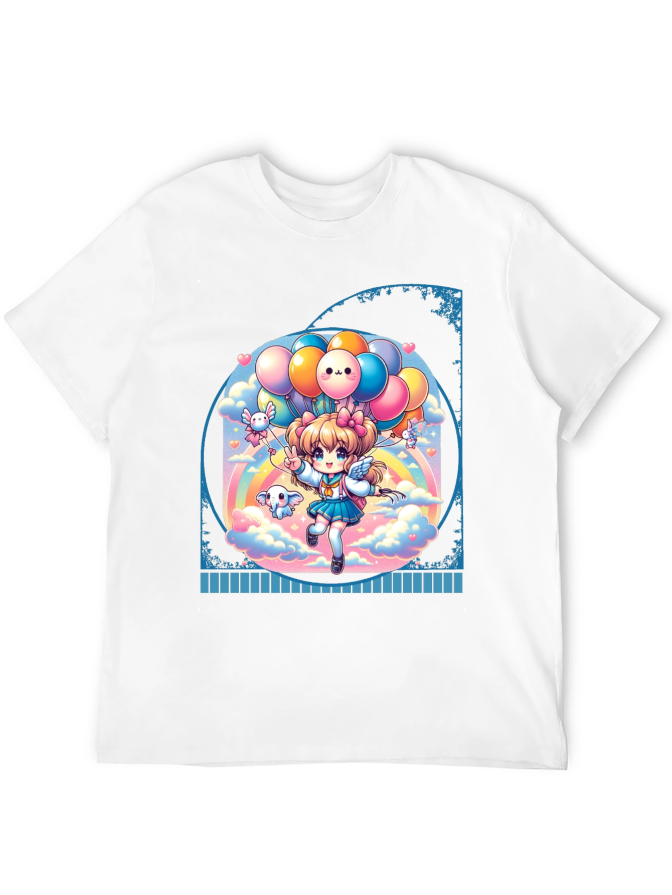 Kawaii Anime Girl with Balloons Black T-Shirt