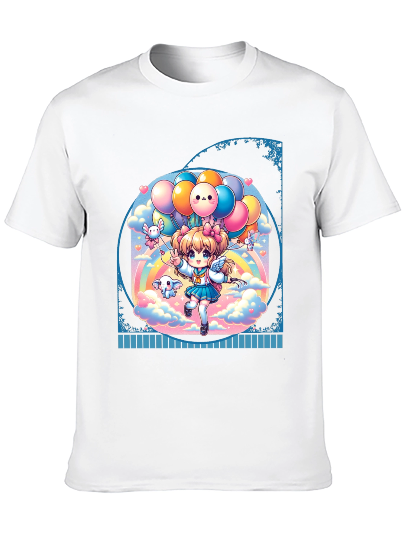 Kawaii Anime Girl with Balloons Black T-Shirt