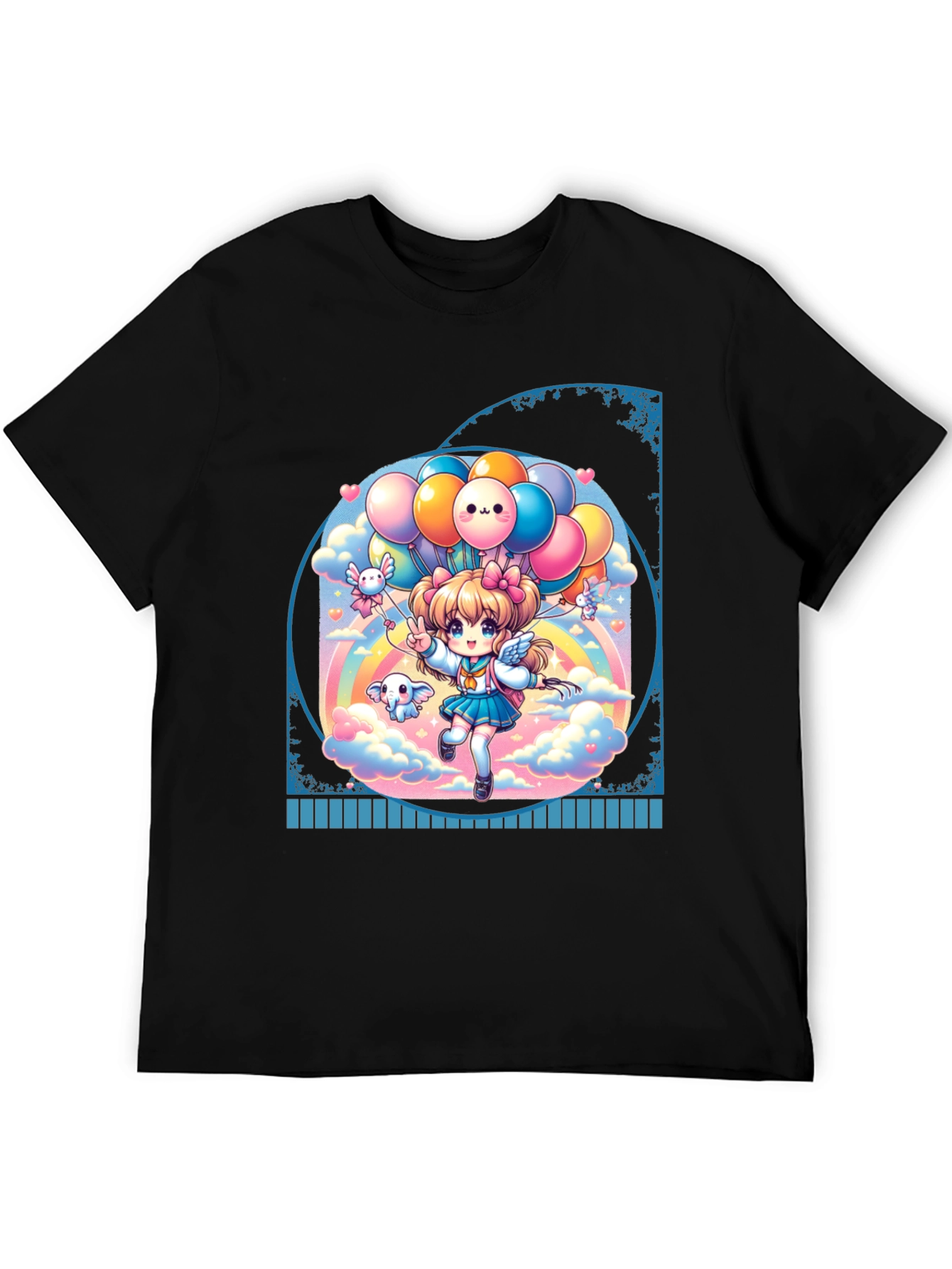 Kawaii Anime Girl with Balloons Black T-Shirt