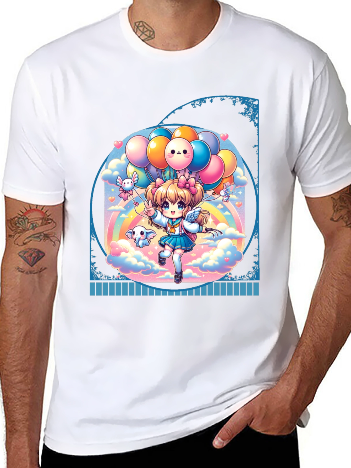Kawaii Anime Girl with Balloons Black T-Shirt