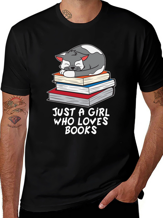 Cat on Books T-Shirt - Just a Girl Who Loves Books