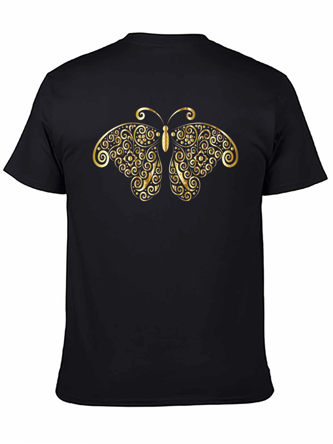 Elegant Butterfly Gold Print Black T-Shirt