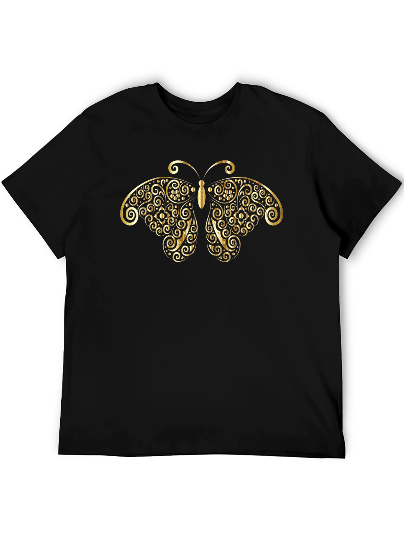 Elegant Butterfly Gold Print Black T-Shirt