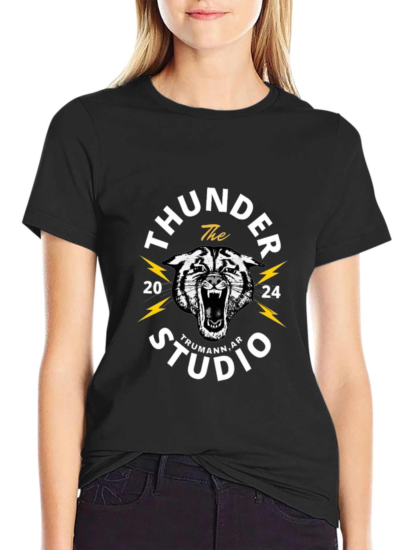 Thunder Studio Black T-Shirt with Tiger Graphic