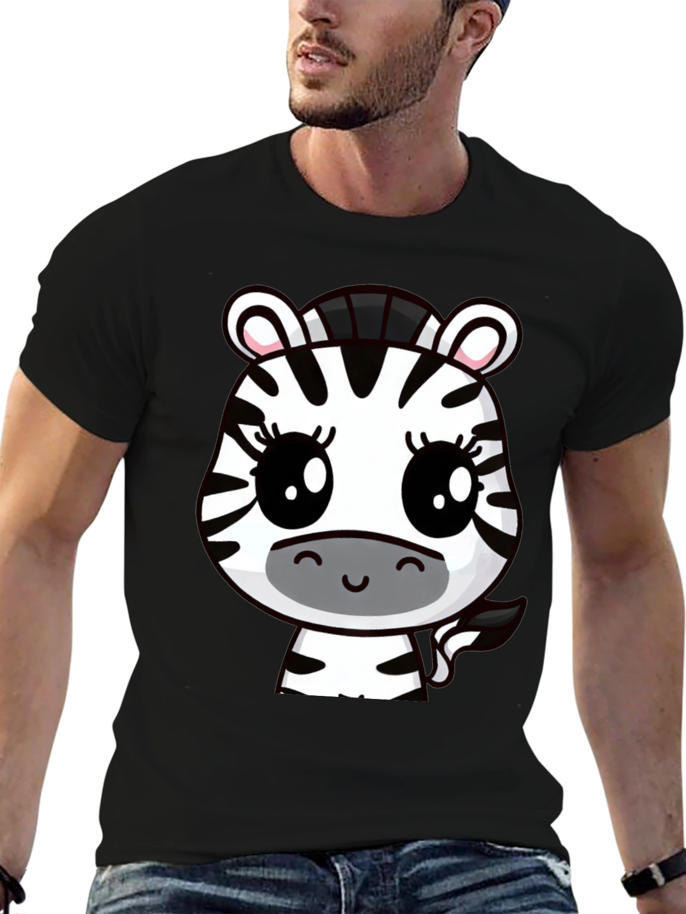 Cute Cartoon Zebra Graphic T-Shirt - Black Cotton Tee