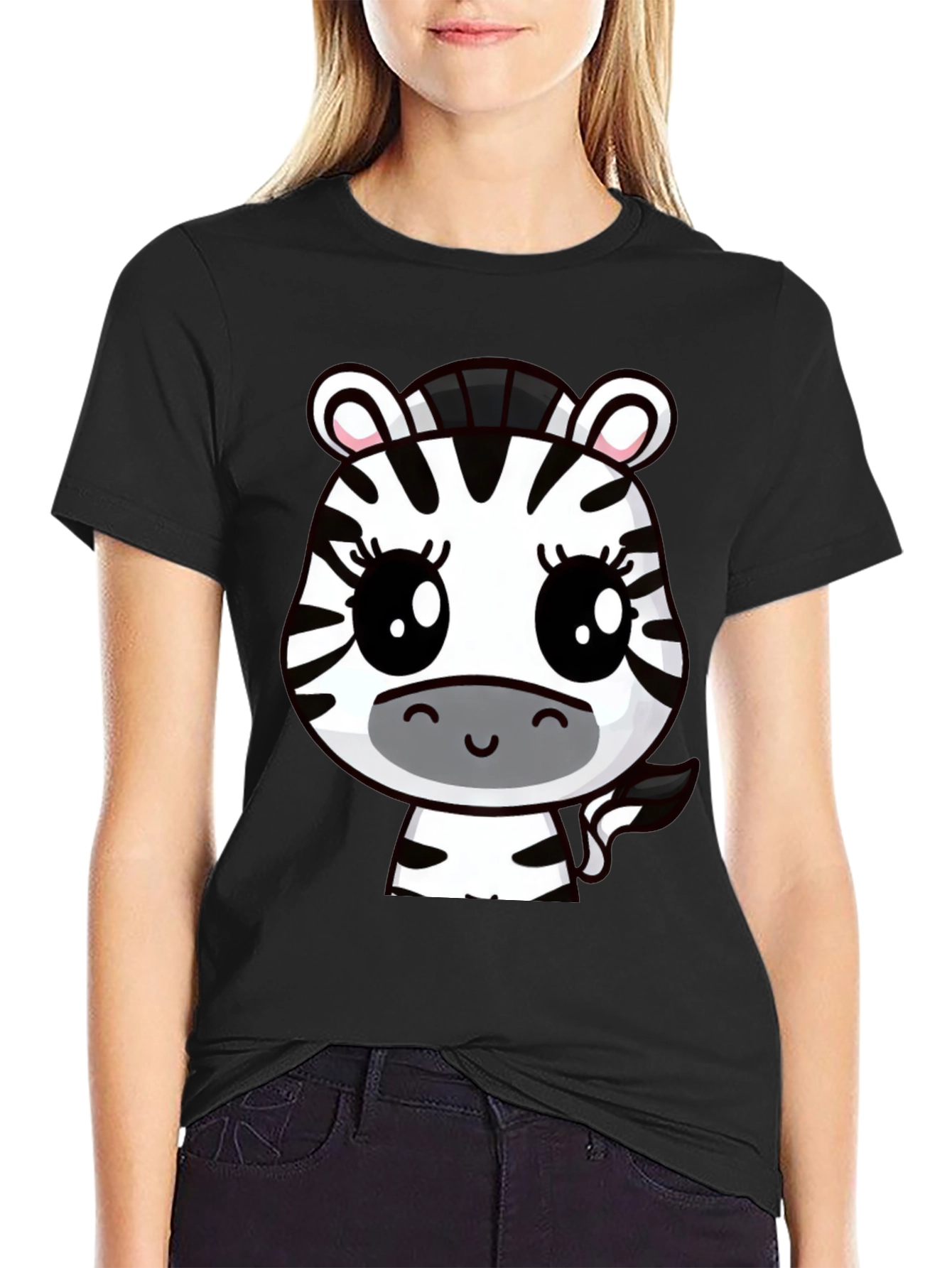 Cute Cartoon Zebra Graphic T-Shirt - Black Cotton Tee