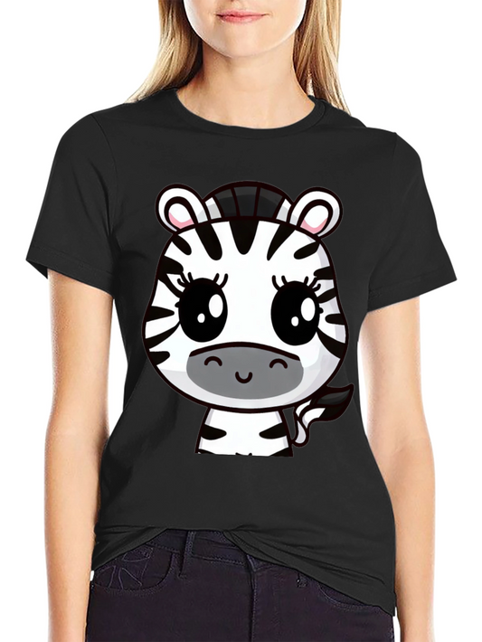 Cute Cartoon Zebra Graphic T-Shirt - Black Cotton Tee