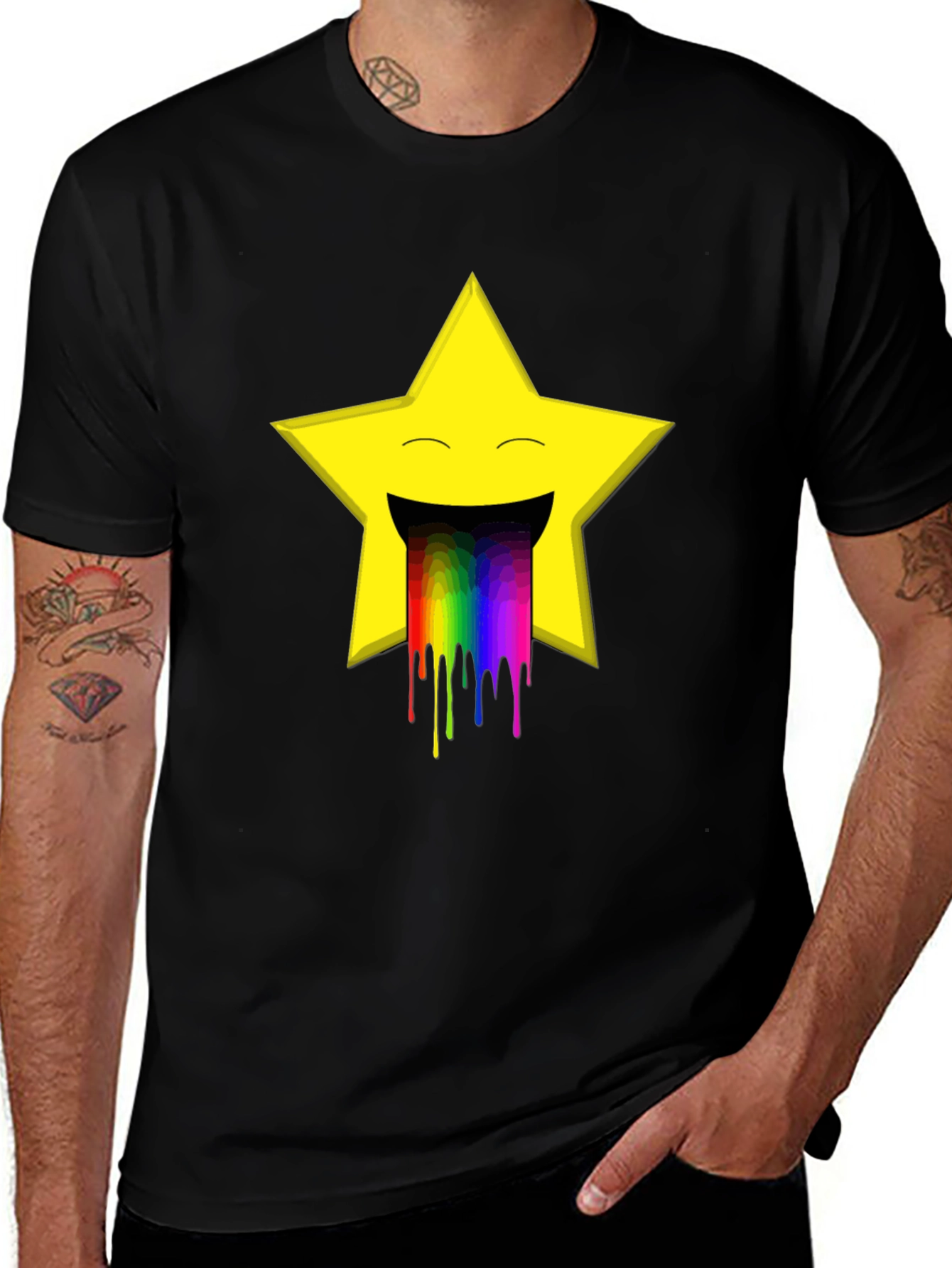 Rainbow Puke Star Graphic Tee - Black Cotton T-Shirt