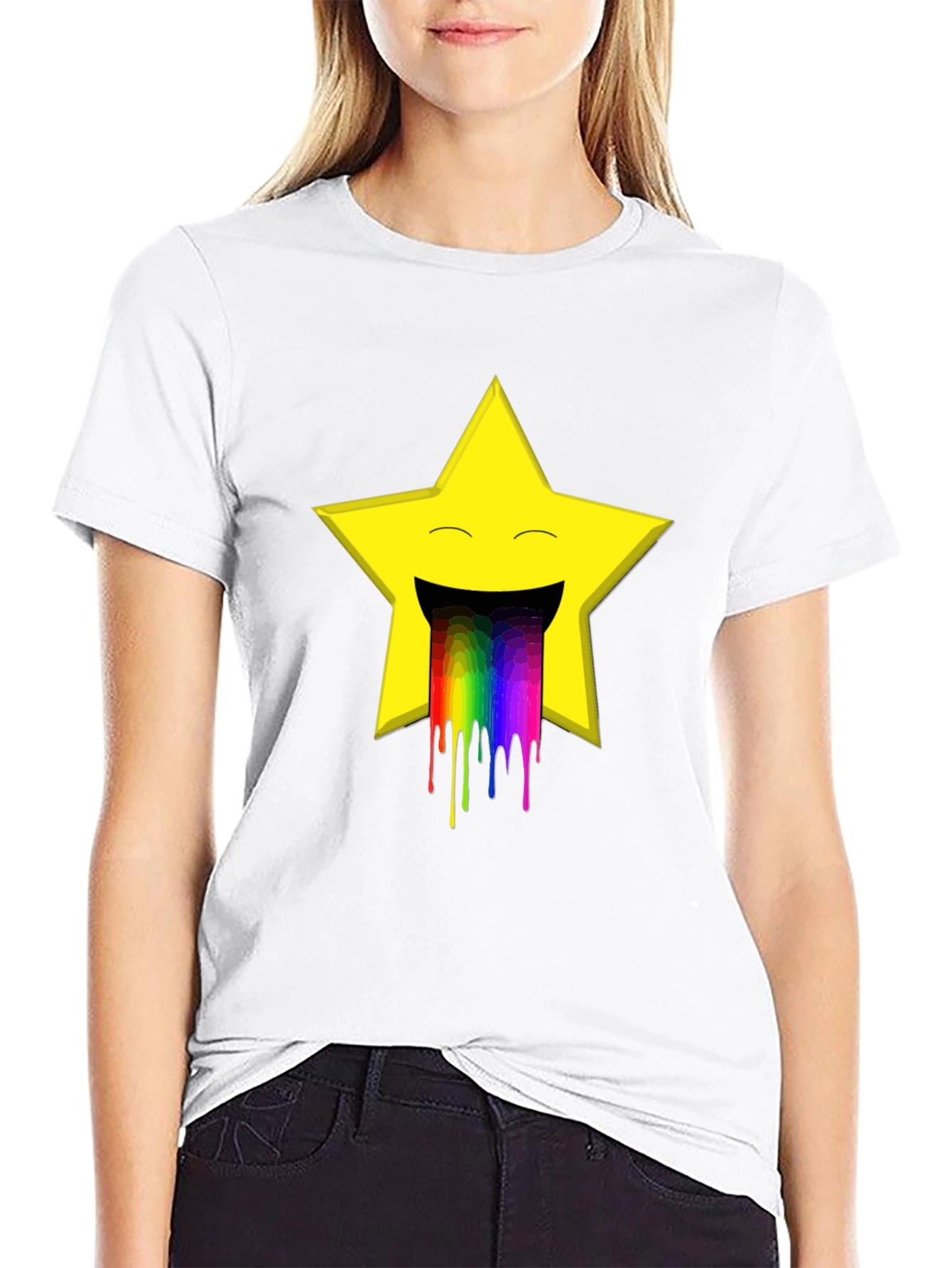 Rainbow Puke Star Graphic Tee - Black Cotton T-Shirt