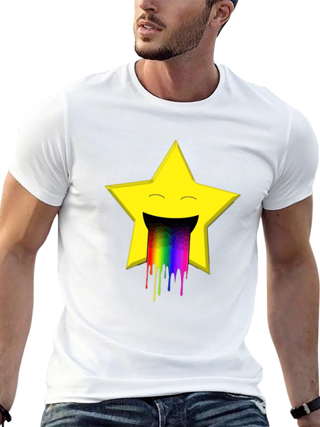 Rainbow Puke Star Graphic Tee - Black Cotton T-Shirt