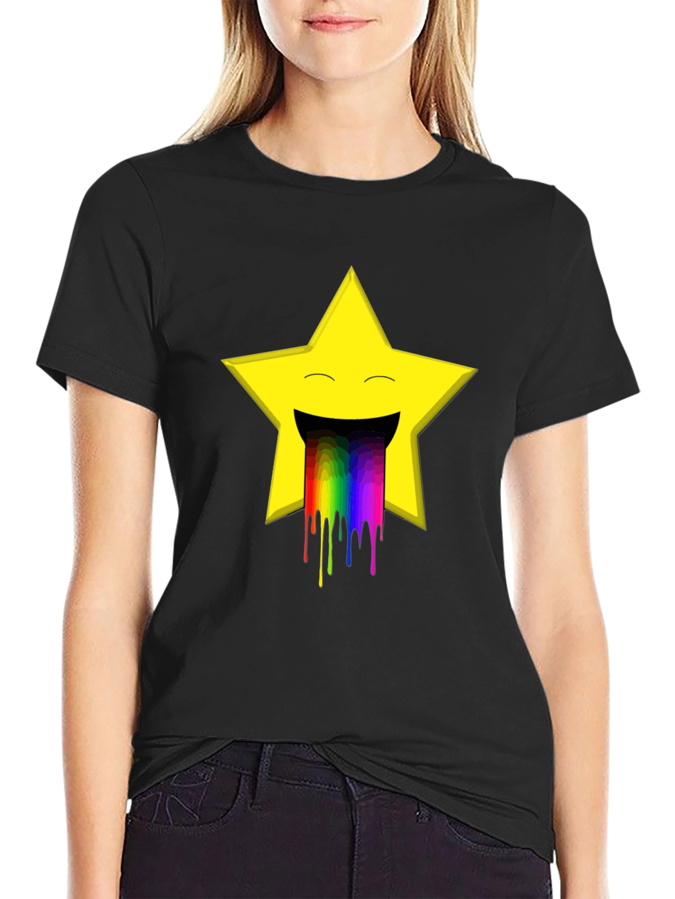 Rainbow Puke Star Graphic Tee - Black Cotton T-Shirt