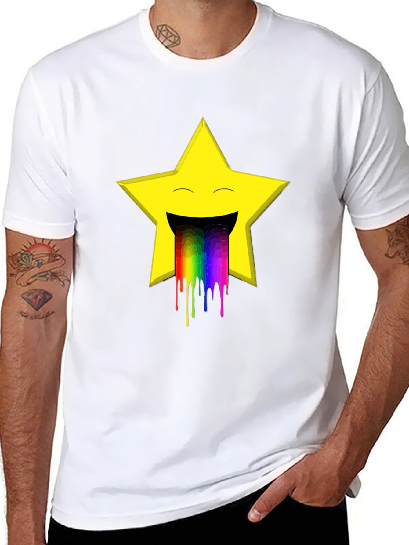 Rainbow Puke Star Graphic Tee - Black Cotton T-Shirt