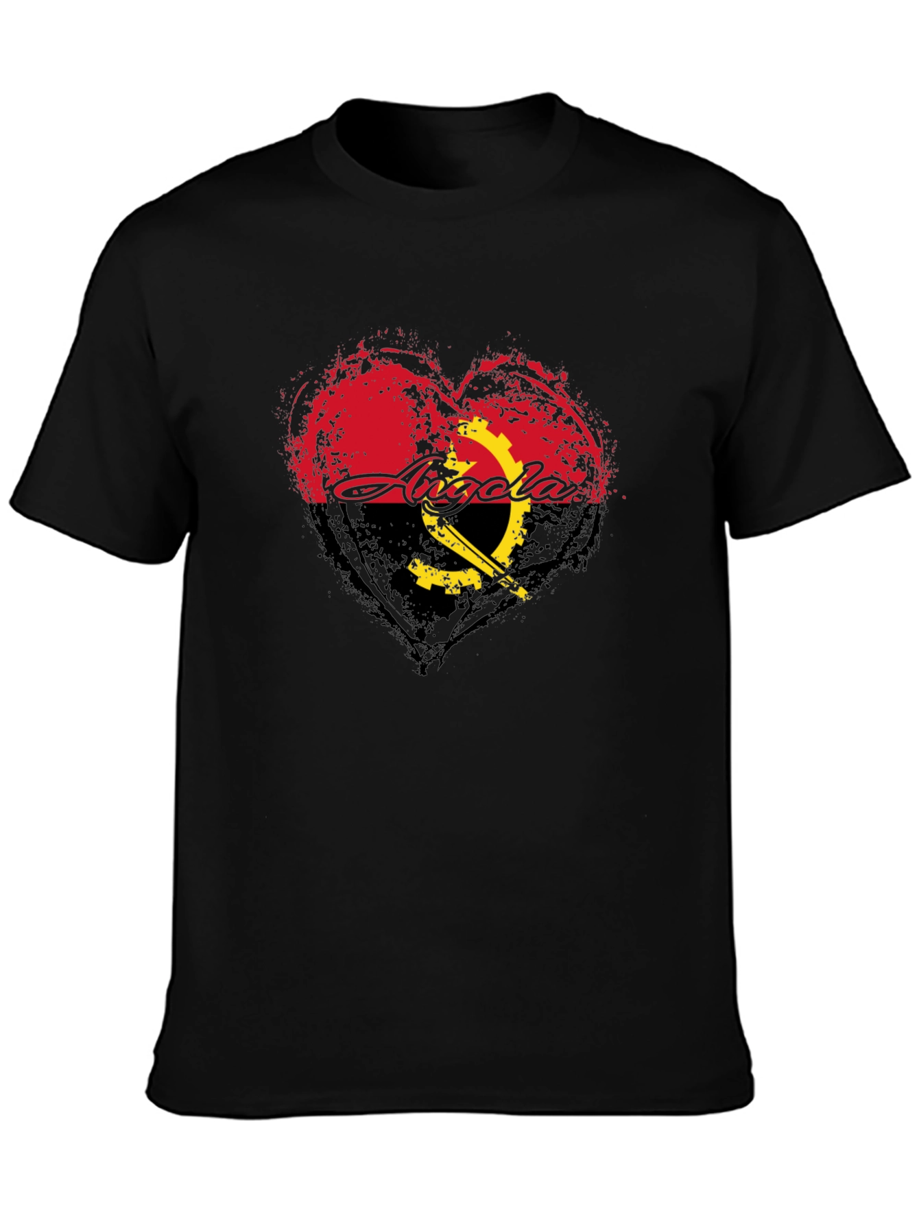 Angola Flag Heart T-Shirt - Black Crew Neck Tee