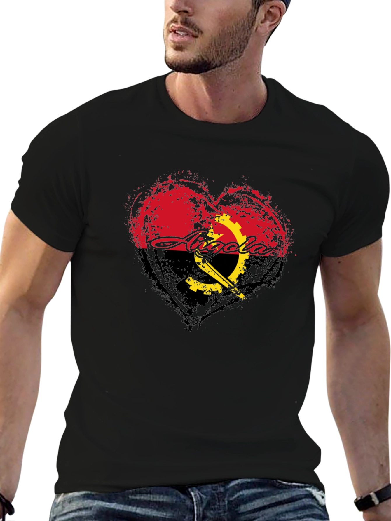 Angola Flag Heart T-Shirt - Black Crew Neck Tee