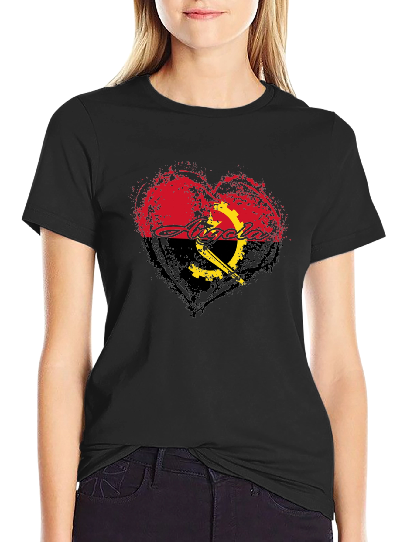 Angola Flag Heart T-Shirt - Black Crew Neck Tee