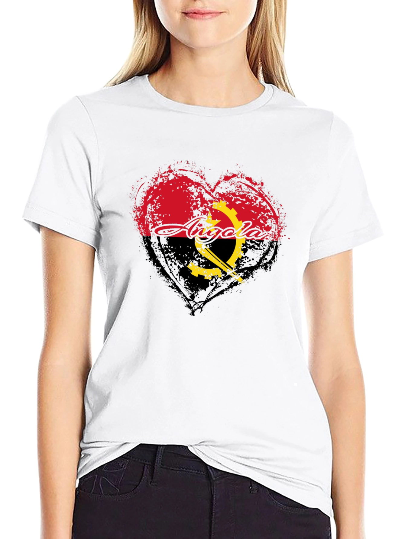Angola Flag Heart T-Shirt - Black Crew Neck Tee