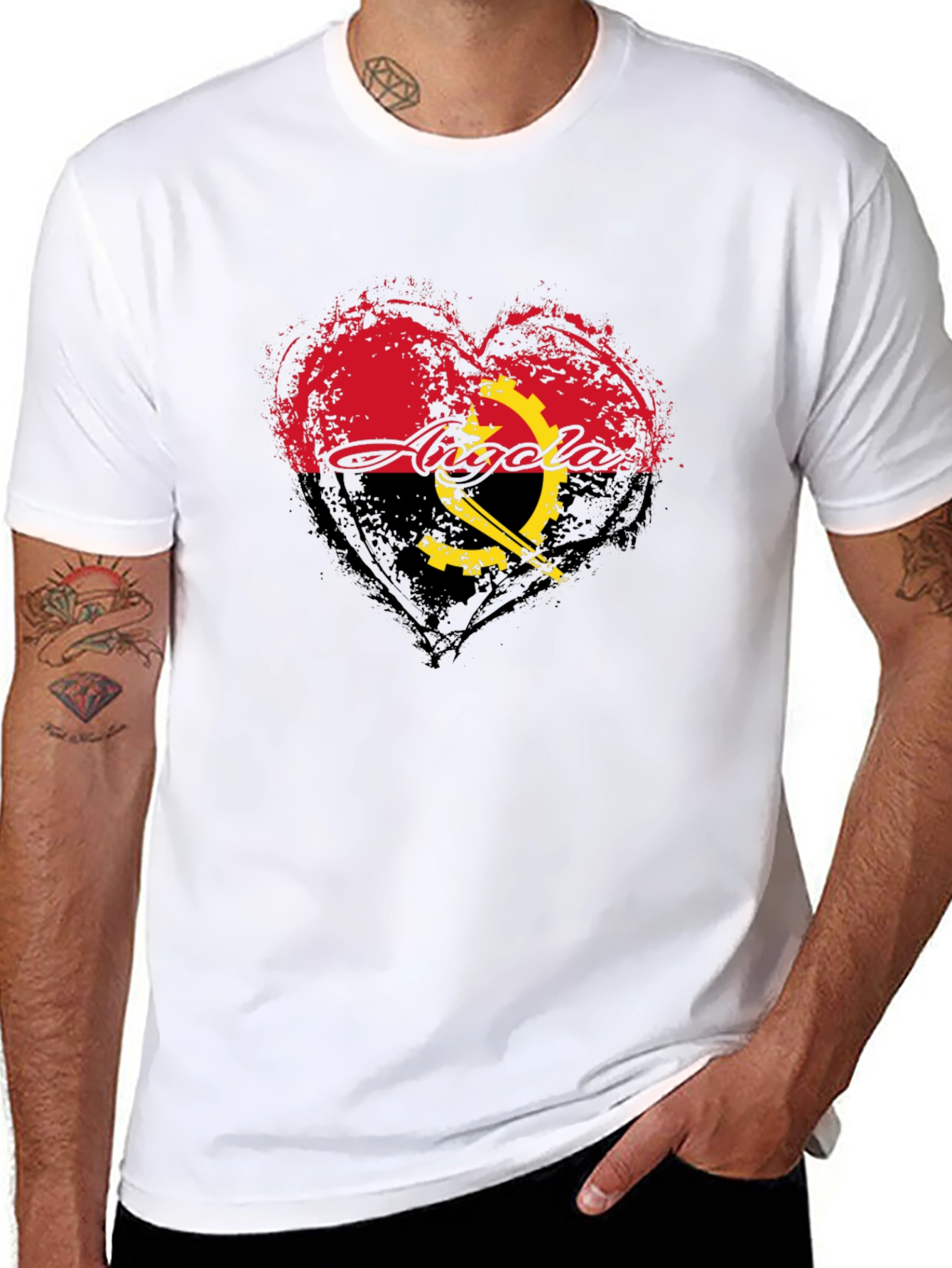 Angola Flag Heart T-Shirt - Black Crew Neck Tee