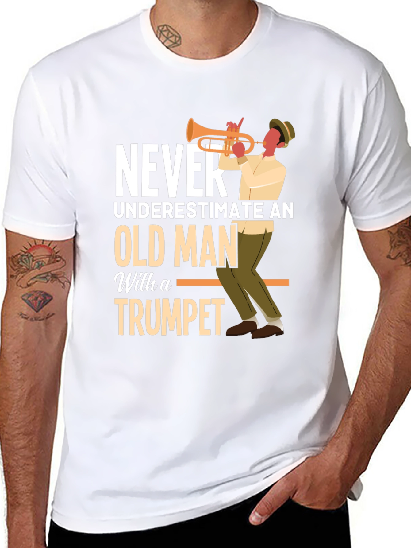 Never Underestimate Old Man with Trumpet Graphic Tee