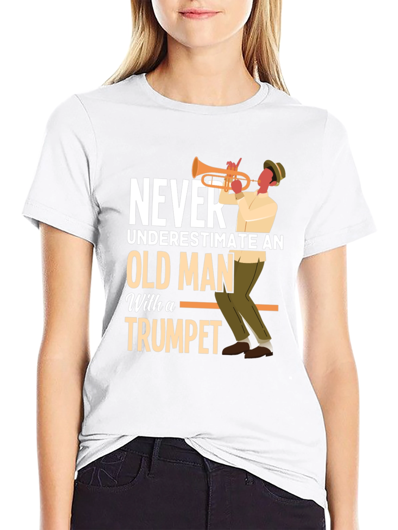 Never Underestimate Old Man with Trumpet Graphic Tee