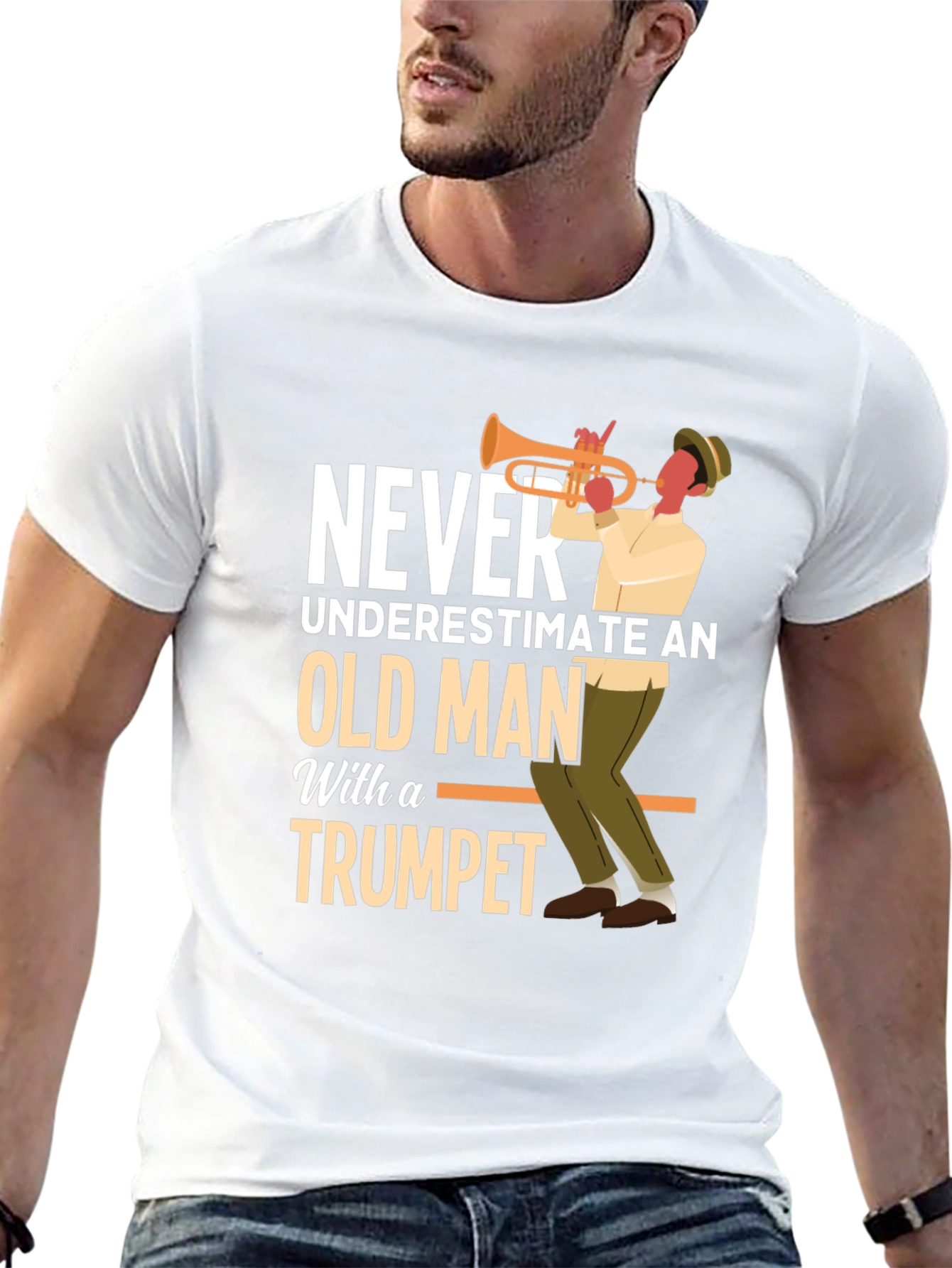 Never Underestimate Old Man with Trumpet Graphic Tee