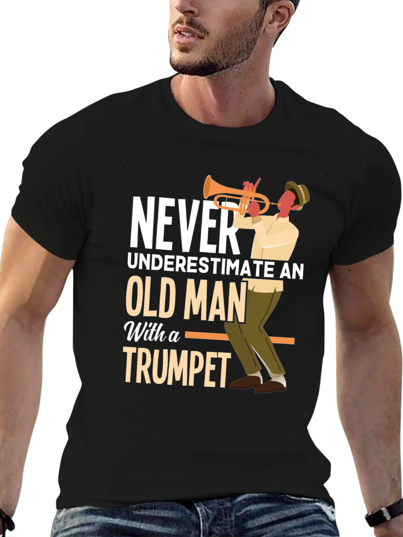 Never Underestimate Old Man with Trumpet Graphic Tee