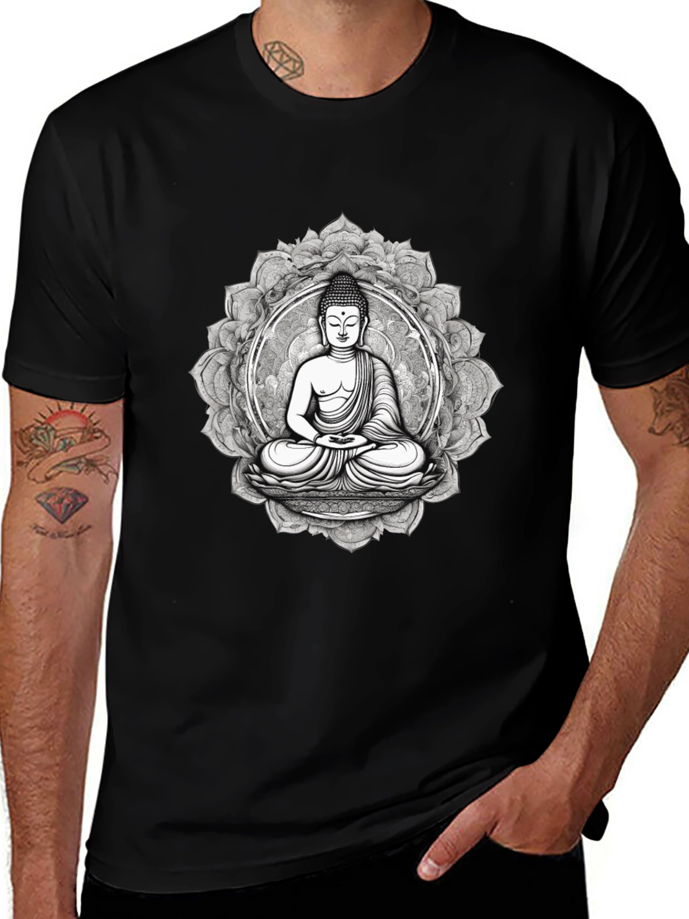 Buddha Mandala Graphic Tee - Black Cotton Blend