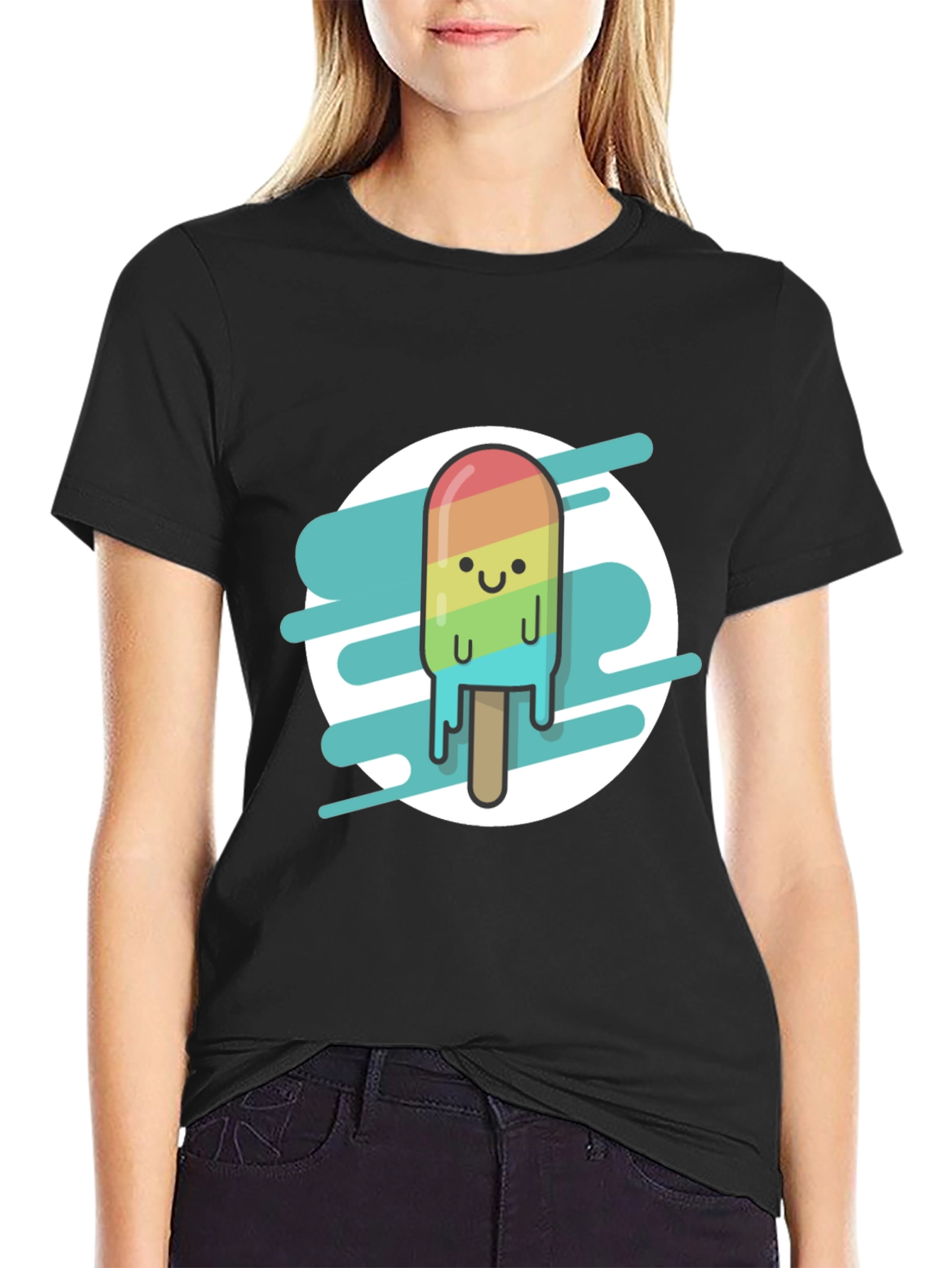 Rainbow Popsicle Graphic Tee - Black Casual T-Shirt