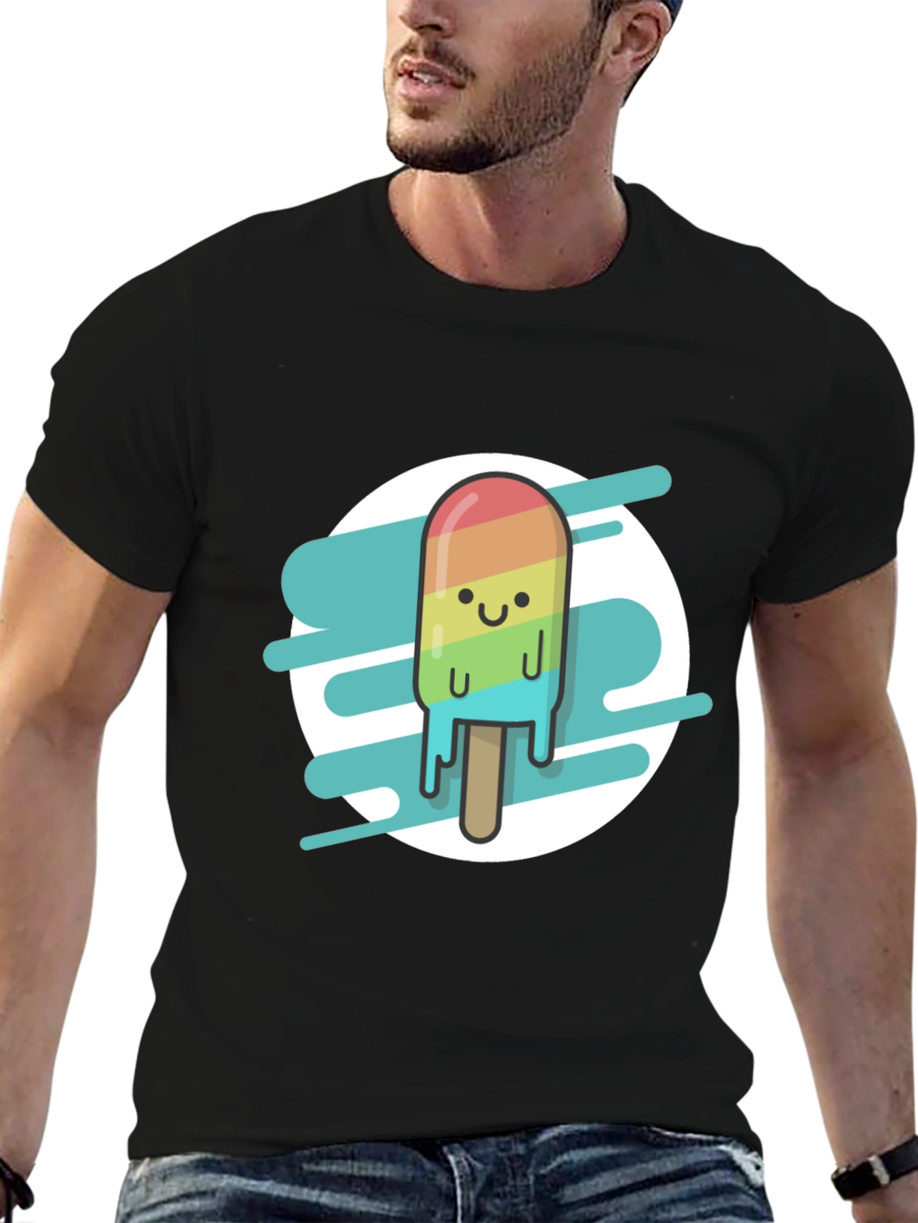 Rainbow Popsicle Graphic Tee - Black Casual T-Shirt